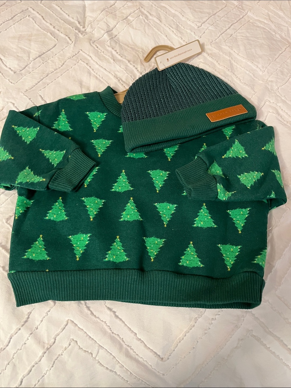 Kids Dark Green Crewneck Sweater with Tree Motif and Hat